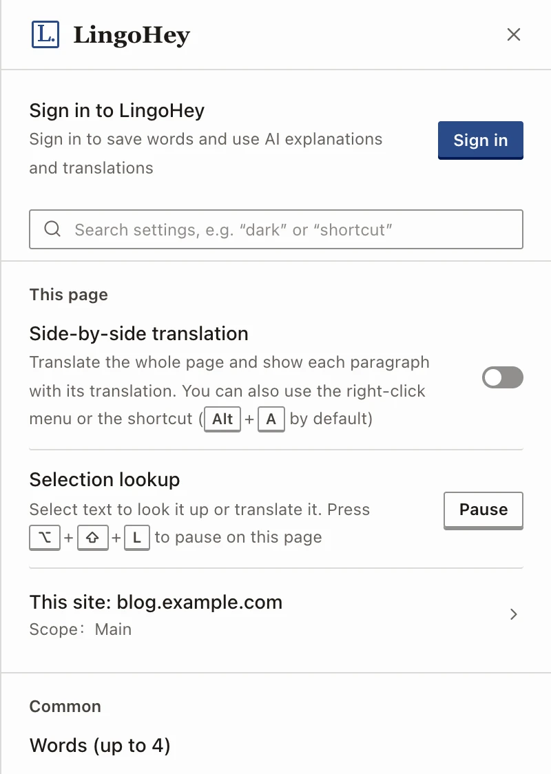 The new settings home: sign-in, a search box, this page (side-by-side translation, selection lookup, this site) and common settings
