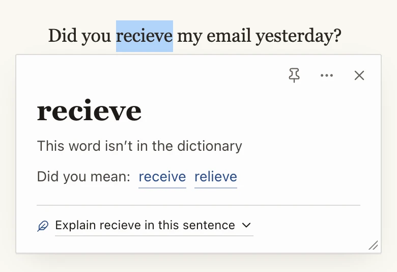 Looking up the misspelled "recieve": the card says the word isn't in the dictionary and suggests receive and relieve