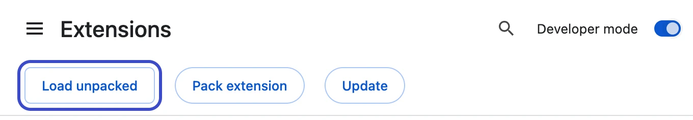 With Developer mode on, the “Load unpacked” button appears in the top left (outlined)