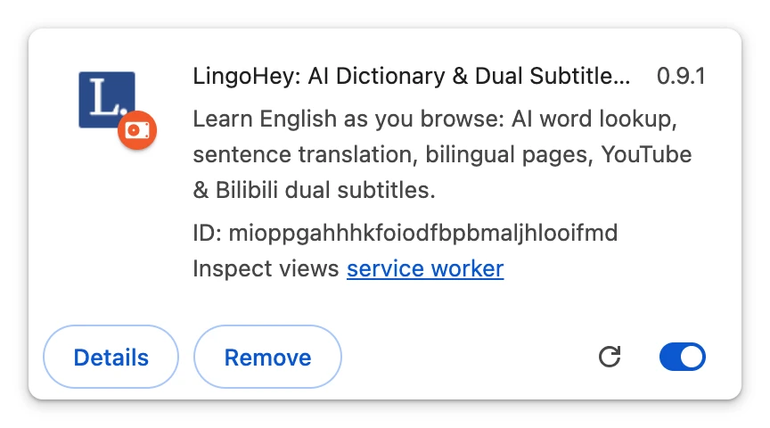 The LingoHey extension card after installation